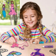 Imagimake Window Art Princess & Unicorn | Glass Painting Kit Age 5+ | Glass painting kit: interchange parts for 128 princess & unicorn combos; 8 suncatchers, 24 paints (7 glitter), peel & stick