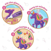 Imagimake Window Art Princess & Unicorn | Glass Painting Kit Age 5+ | Glass painting kit: interchange parts for 128 princess & unicorn combos; 8 suncatchers, 24 paints (7 glitter), peel & stick