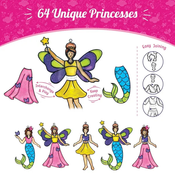 Imagimake Window Art Princess & Unicorn | Glass Painting Kit Age 5+ | Glass painting kit: interchange parts for 128 princess & unicorn combos; 8 suncatchers, 24 paints (7 glitter), peel & stick