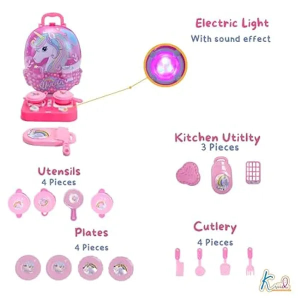 Kriiddaank Unicorn 2-in-1 Backpack Kitchen Set for Kids | Pretend Play Educational Toy with Kitchen Accessories | Fun & Learning Toy for Boys & Girls (Multicolor)