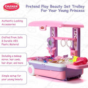 Chanak Beauty Set Suitcase On Wheel, The Ultimate Beauty Set On Wheels for Girls, Makeup Kit is Easy to Clean & Use, Portable Set with 23 Pieces for 3 Years BIS Approved. (Trolley)