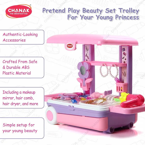 Chanak Beauty Set Suitcase On Wheel, The Ultimate Beauty Set On Wheels for Girls, Makeup Kit is Easy to Clean & Use, Portable Set with 23 Pieces for 3 Years BIS Approved. (Trolley)
