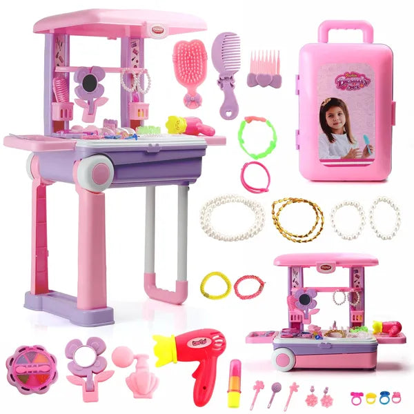 Chanak Beauty Set Suitcase On Wheel, The Ultimate Beauty Set On Wheels for Girls, Makeup Kit is Easy to Clean & Use, Portable Set with 23 Pieces for 3 Years BIS Approved. (Trolley)
