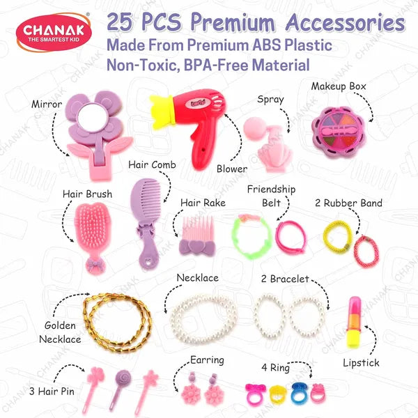 Chanak Beauty Set Suitcase On Wheel, The Ultimate Beauty Set On Wheels for Girls, Makeup Kit is Easy to Clean & Use, Portable Set with 23 Pieces for 3 Years BIS Approved. (Trolley)