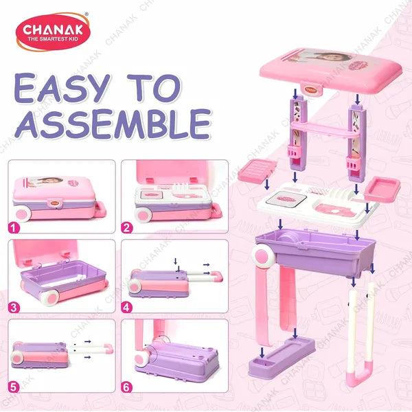 Chanak Beauty Set Suitcase On Wheel, The Ultimate Beauty Set On Wheels for Girls, Makeup Kit is Easy to Clean & Use, Portable Set with 23 Pieces for 3 Years BIS Approved. (Trolley)