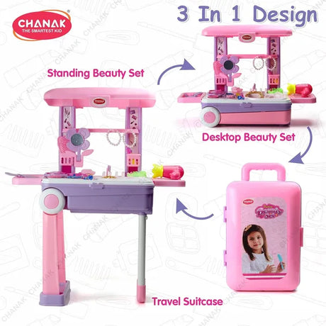 Chanak Beauty Set Suitcase On Wheel, The Ultimate Beauty Set On Wheels for Girls, Makeup Kit is Easy to Clean & Use, Portable Set with 23 Pieces for 3 Years BIS Approved. (Trolley)