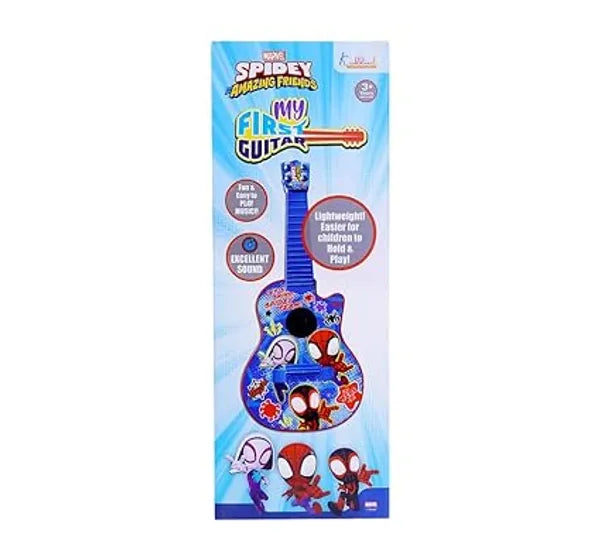Spiderman 4 String Small Toy Guitar for Kids (3+ Years) Adjustable String Tension, Fingerstyle Tab & Pick | Educational Musical Instrument | Gift for Boys| Portable & Safe Design, Blue