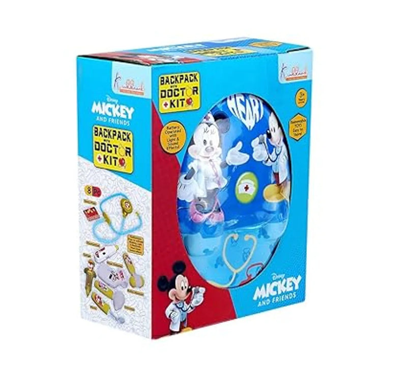 Kriiddaank Disney Mickey Theme Backpack Doctor Gift Set for Kids 8 Pcs Medical Kit with Interactive Light & Sound Stethoscope, Portable Educational Role Play Toy for Boys & Girls Ages 3+