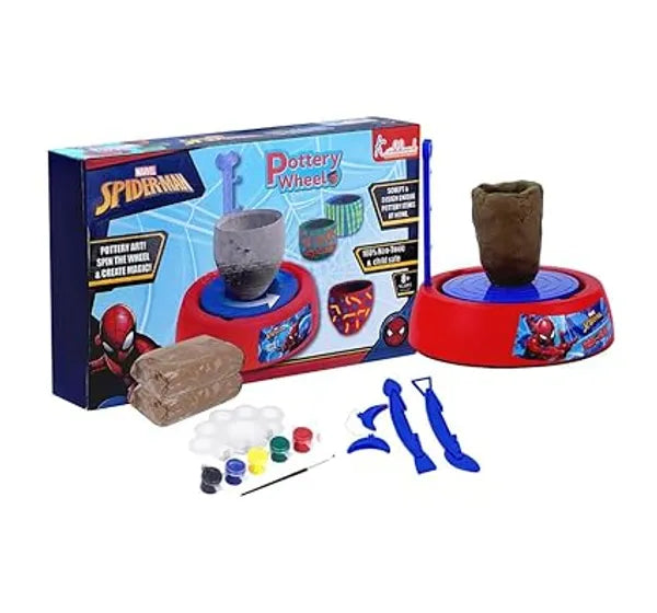 Spiderman Pottery Wheel Modeling Set for Kids, Complete Clay Sculpting, Art & Craft Kit with 800g Clay,Paints & Tools |Educational DIY Toy for Boys & Girls 8+ | Battery Operated with Music