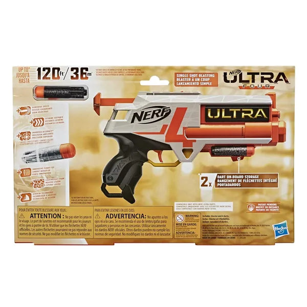 Nerf Ultra Four Dart Blaster 4 Ultra Darts, Single Shot Blasting, Compatible Only with Ultra Darts (Multicolour)