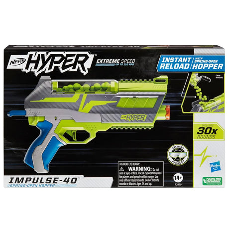 Nerf Hyper Impulse-40 Blaster Spring-Open Instant Reload Hopper Up to 110 FPS Velocity 30 Nerf Hyper Rounds Eyewear Included