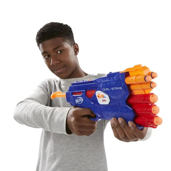 Nerf Dual Strike Blaster Fires Elite and Mega Darts Includes 3 Official Elite Darts and 3 Official Mega Darts, Multicolor