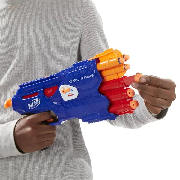 Nerf Dual Strike Blaster Fires Elite and Mega Darts Includes 3 Official Elite Darts and 3 Official Mega Darts, Multicolor