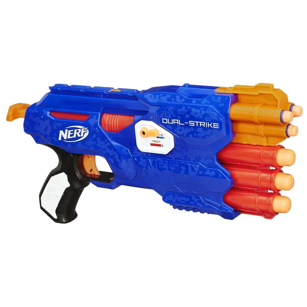 Nerf Dual Strike Blaster Fires Elite and Mega Darts Includes 3 Official Elite Darts and 3 Official Mega Darts, Multicolor