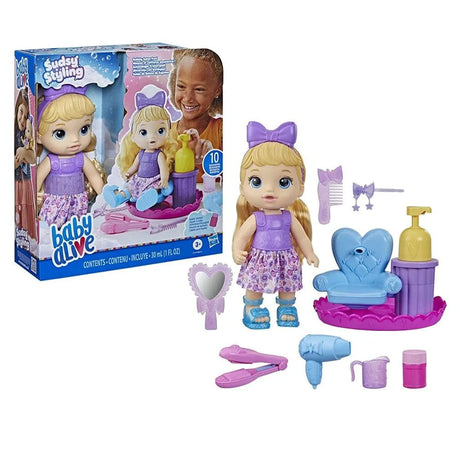 Baby Alive Sudsy Styling Doll, 12-Inch Toy for Kids Ages 3 and Up, Includes Baby Doll Salon Chair, Accessories, Bubble Solution, Blonde Hair