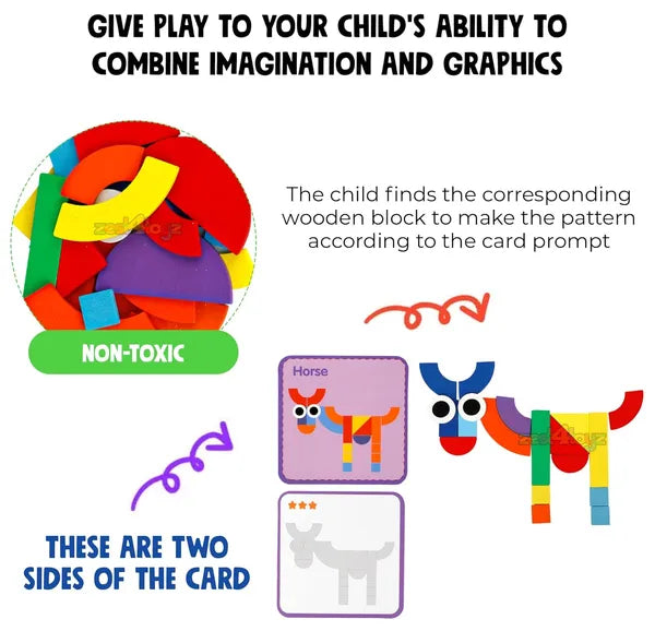 Jigsaw Puzzle Sorting and Stacking Games Wooden Pattern Montessori Educational Toys for Kids Age 3 + Years Old (40 Shape Pieces & 30 Cards 1 Pouch in Box)