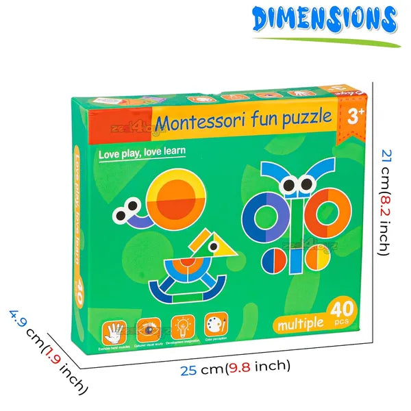 Jigsaw Puzzle Sorting and Stacking Games Wooden Pattern Montessori Educational Toys for Kids Age 3 + Years Old (40 Shape Pieces & 30 Cards 1 Pouch in Box)