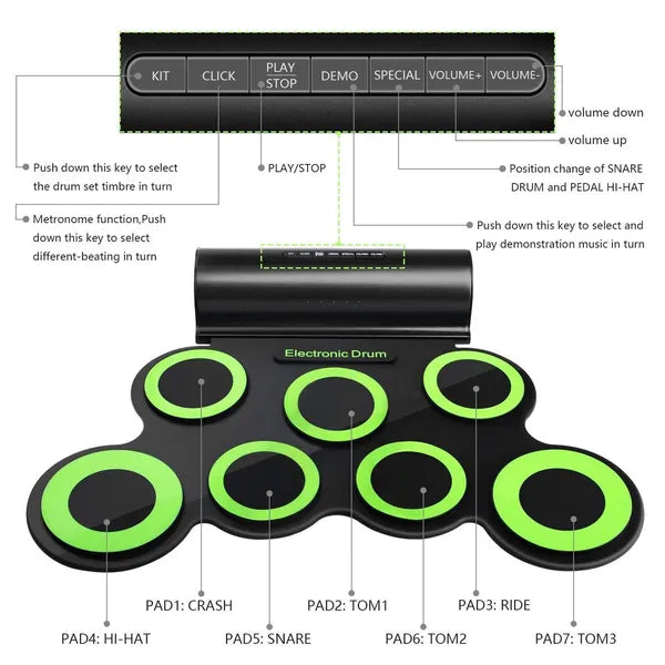 Silicone Electronic Drum Pad Foldable Roll Up Drum Pad Headphone Port for Beginners, Students, Travel, Black|Practice Pads