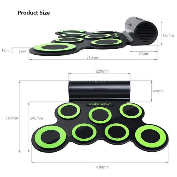Silicone Electronic Drum Pad Foldable Roll Up Drum Pad Headphone Port for Beginners, Students, Travel, Black|Practice Pads