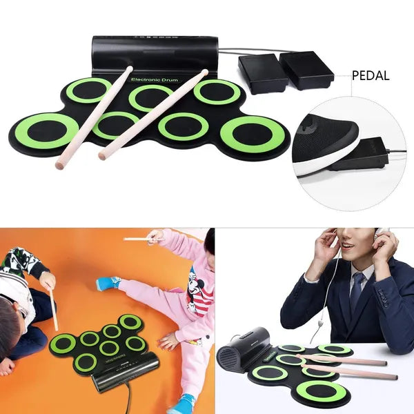Silicone Electronic Drum Pad Foldable Roll Up Drum Pad Headphone Port for Beginners, Students, Travel, Black|Practice Pads
