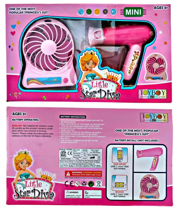 Doll Fashion Hair Drier and Fan 2 Household Set for Kids Girls Pink Colour